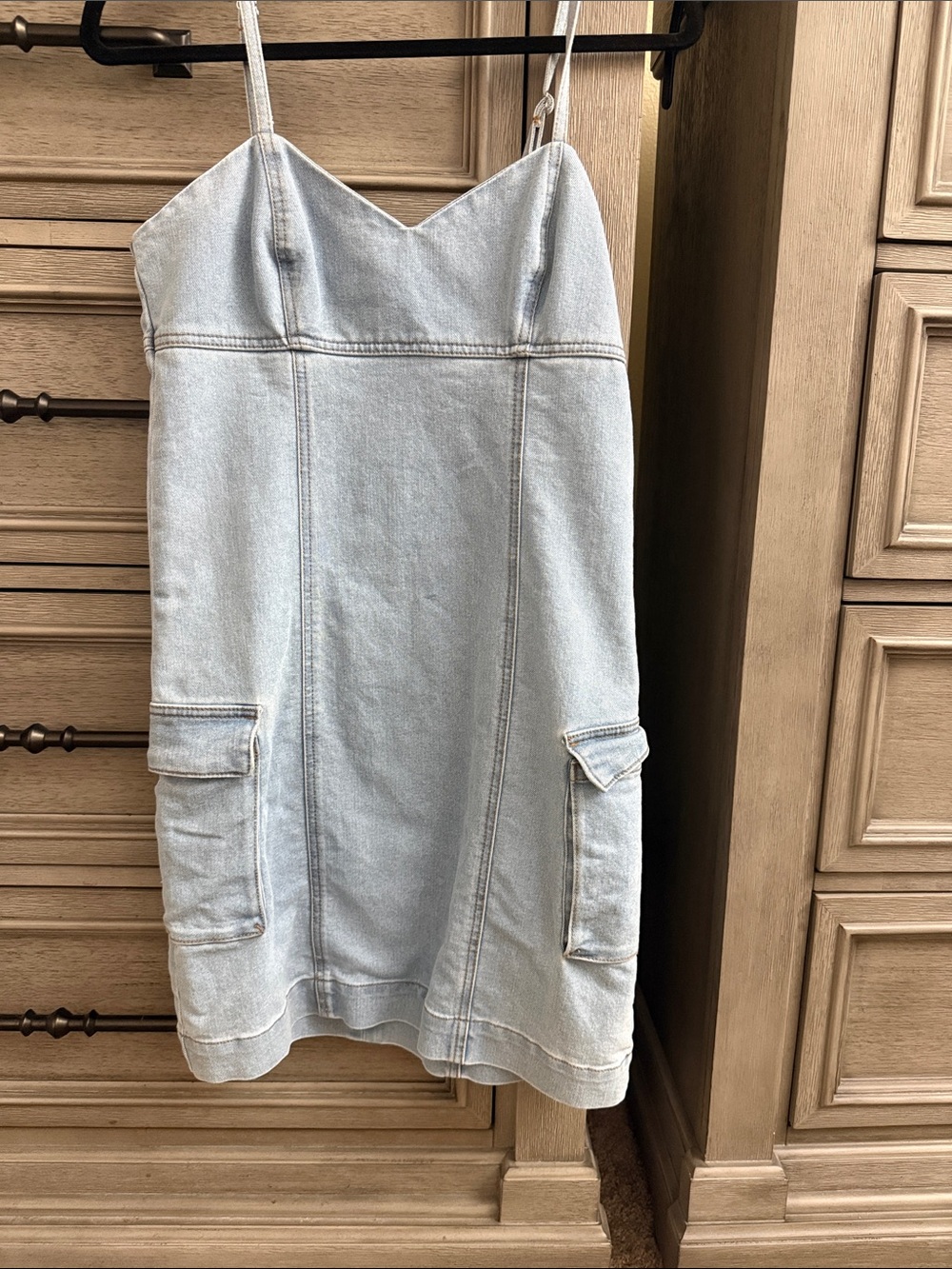 Tinseltown Light Blue Denim Cargo Mini Skirt with Spaghetti Straps